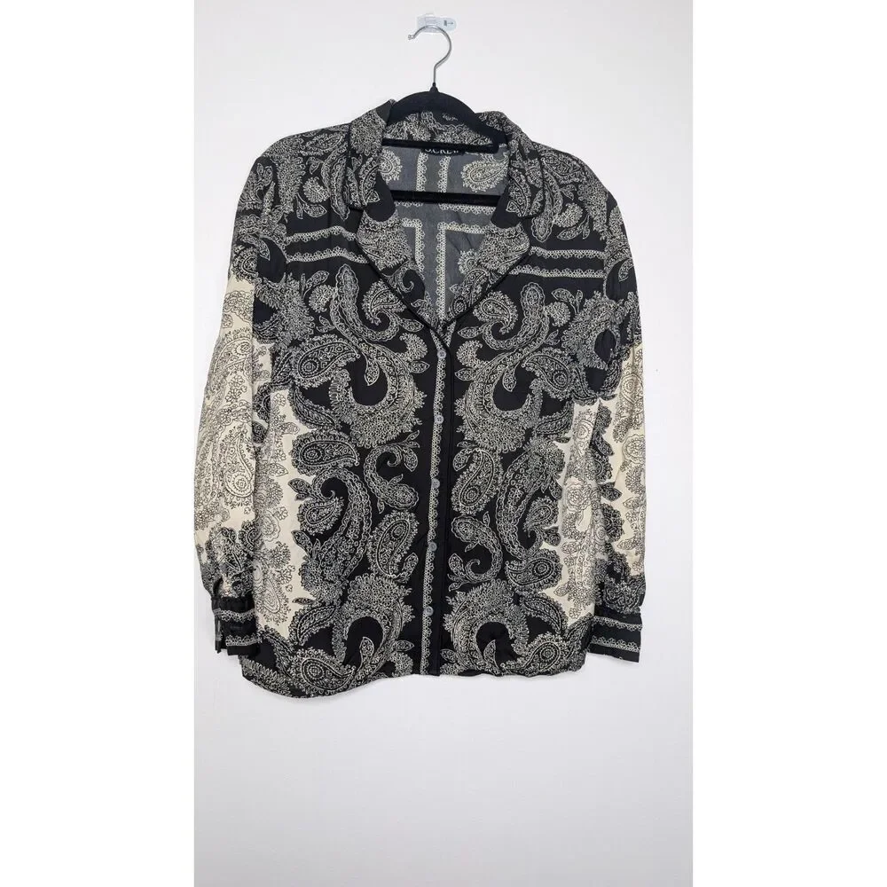 J.Crew Paisley Scarf Print Drapey Camp Collar Shirt M Boho Chic Black Cream